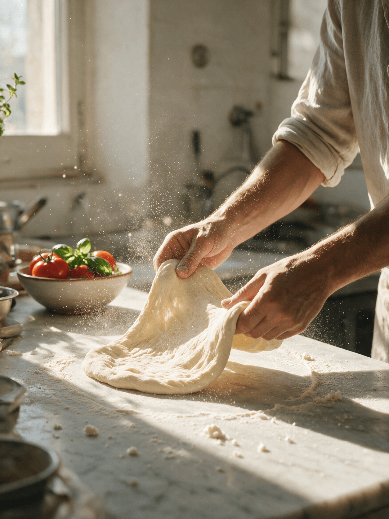 Hände strecken frischen Pizzateig auf einer bemehlten Arbeitsfläche