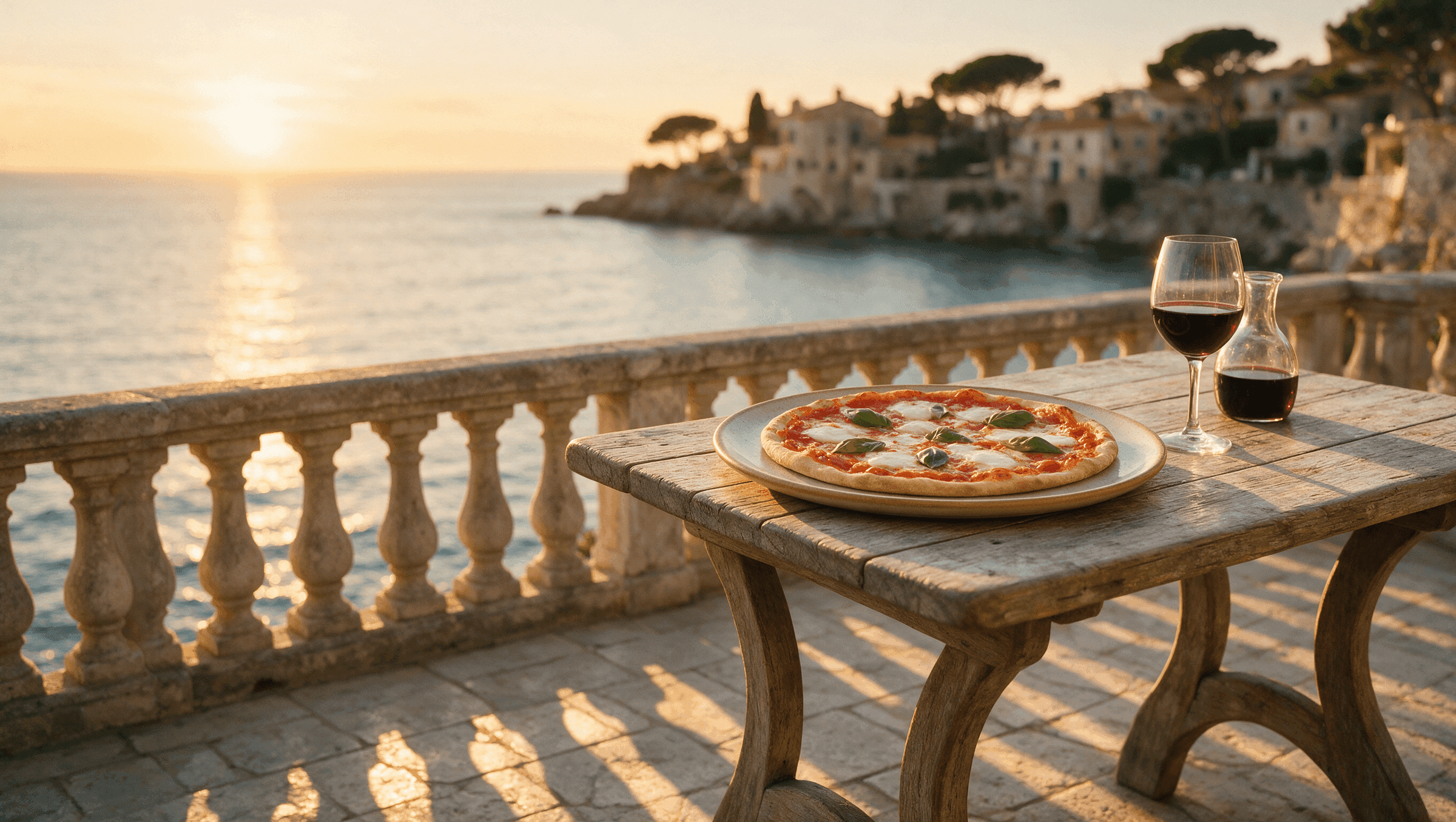 Gedeckter Tisch mit Pizza und Wein auf einer Terrasse über dem Mittelmeer in der Abendsonne