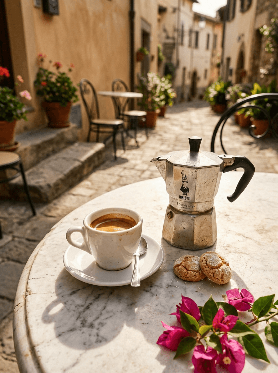 Espresso und Mokkakanne auf einem sonnigen Bistrotisch
