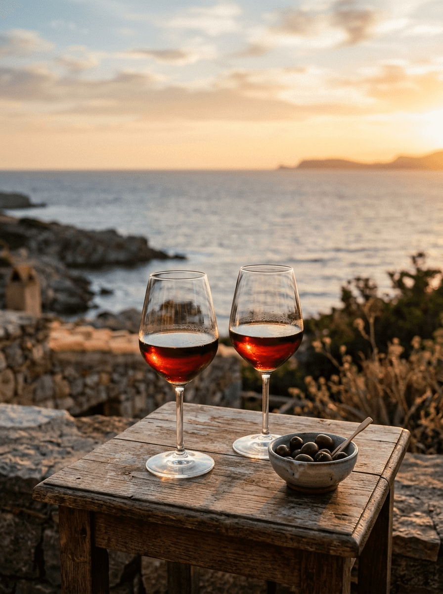 Zwei Gläser Rotwein in der Abendsonne am Meer