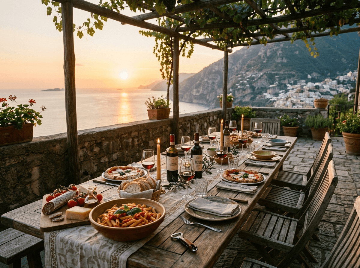 Gedeckter Abendtisch auf einer Terrasse über dem Mittelmeer in der goldenen Stunde